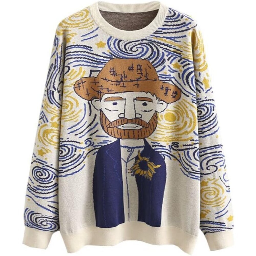 Women's Knit Crew Neck Sweater Long Sleeve Casual Van Gogh Cartoon Pullover - Picture 1 of 4